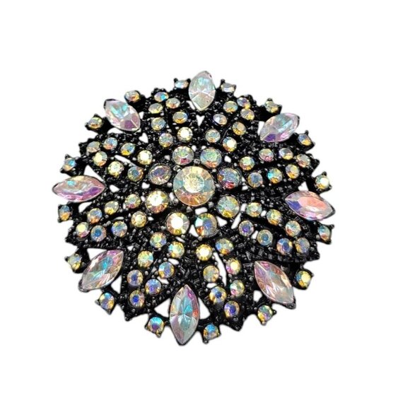 Aurora Borealis Rhinestone Brooch Black Starburst Necklace Bale - Picture 1 of 6